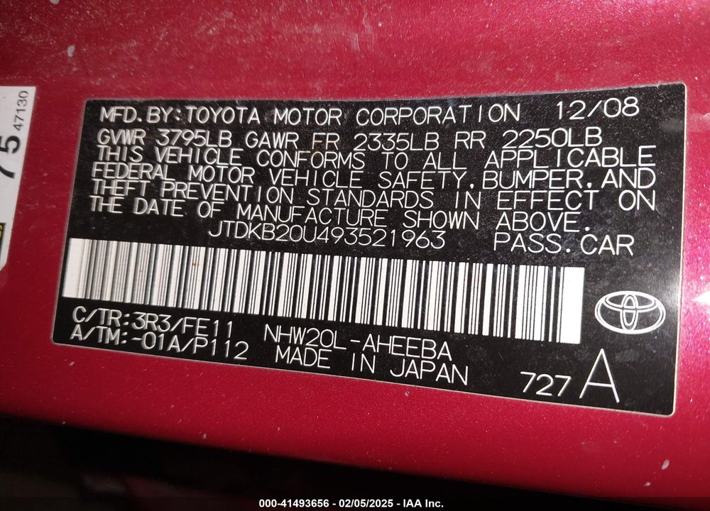 2009 TOYOTA PRIUS VIN: JTDKB20U493521963