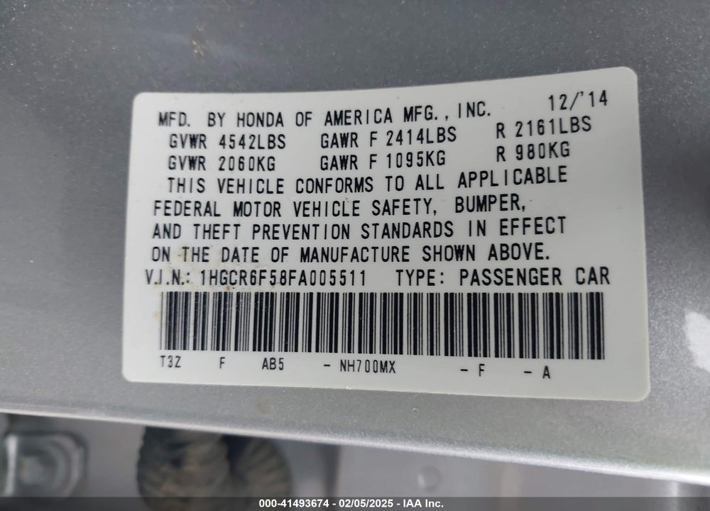 2015 HONDA ACCORD HYBRID VIN: 1HGCR6F58FA005511