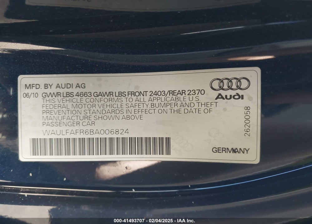 2011 AUDI A5 2.0T PREMIUM VIN: WAULFAFR6BA006824