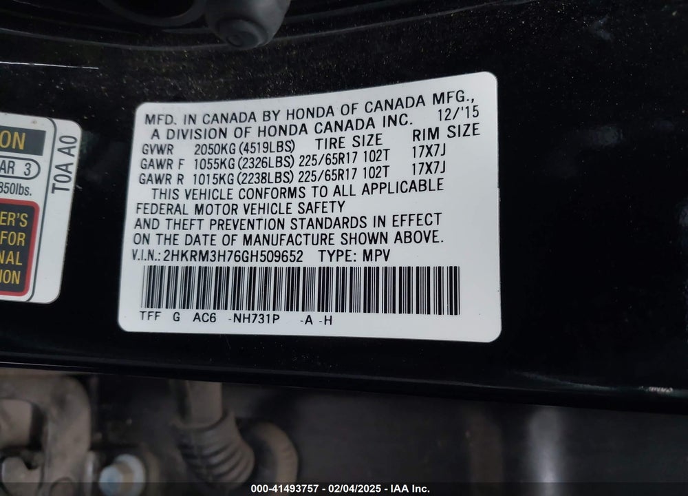 2016 HONDA CR-V EX-L VIN: 2HKRM3H76GH509652