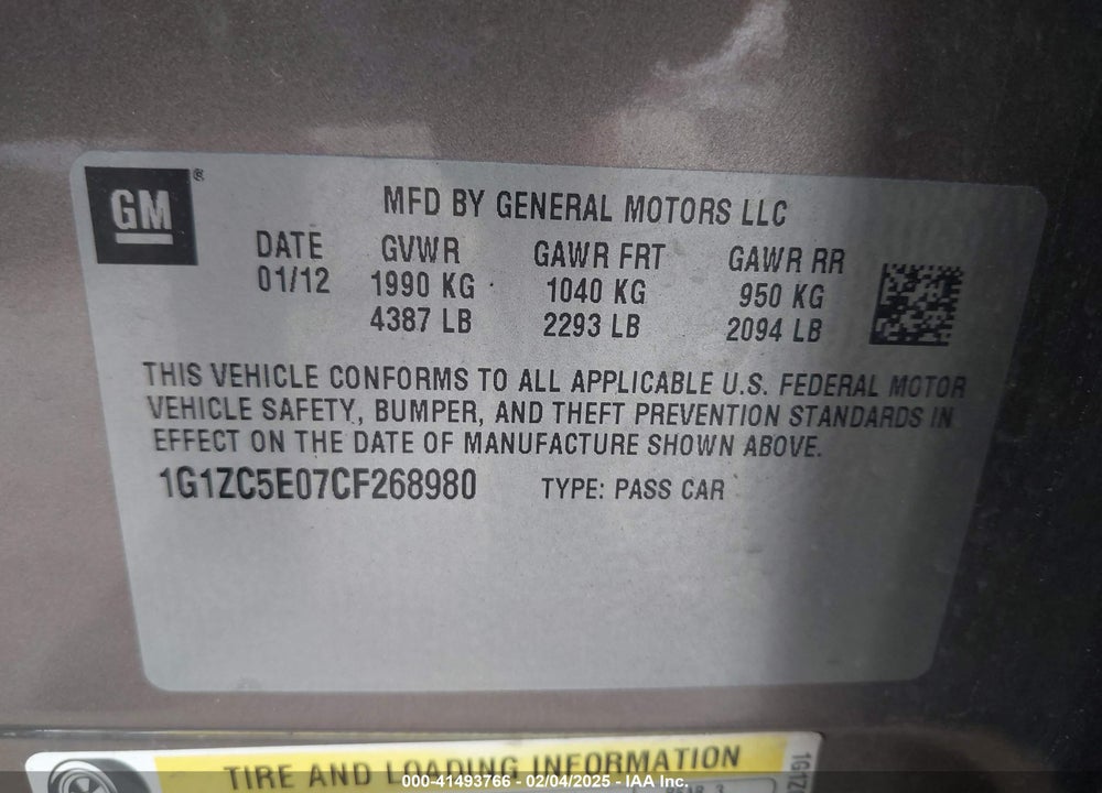 2012 CHEVROLET MALIBU VIN: 1G1ZC5E07CF268980