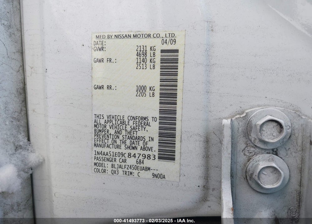 2009 NISSAN MAXIMA 3.5 SV VIN: 1N4AA51E09C847983