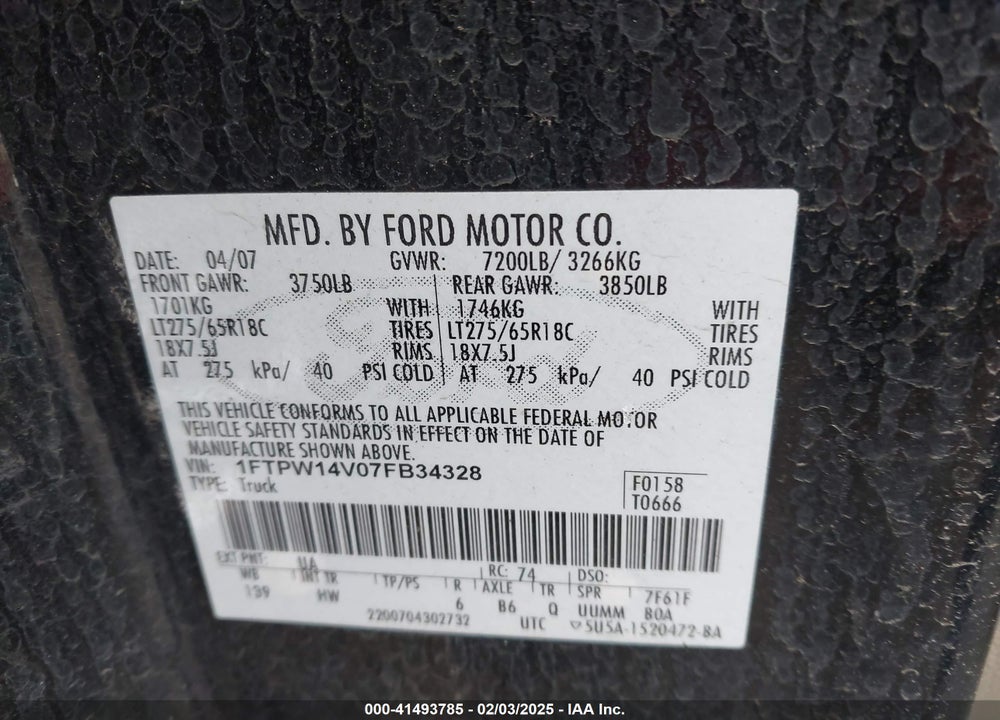 2007 FORD F-150 VIN: 1FTPW14V07FB34328