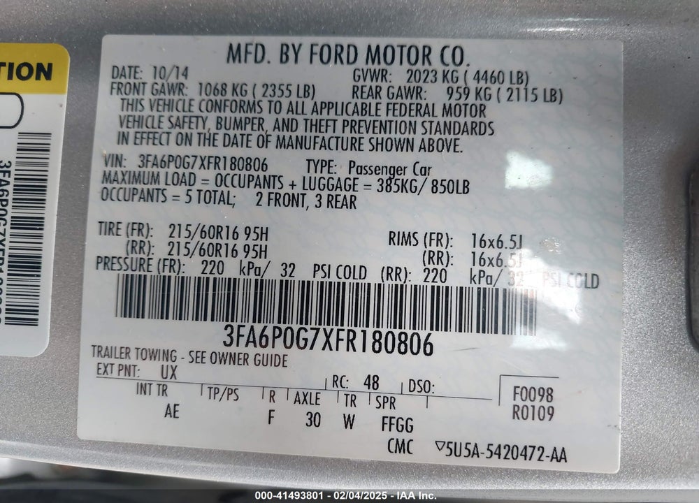 2015 FORD FUSION VIN: 3FA6P0G7XFR180806