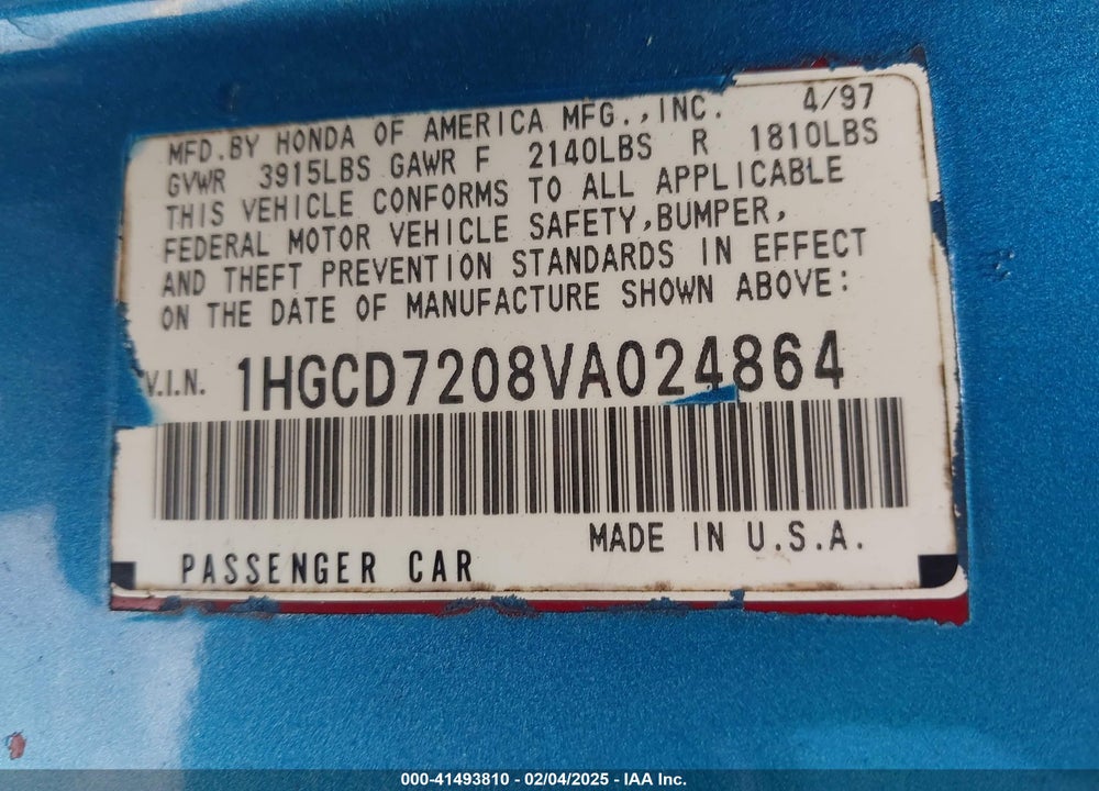 1997 HONDA ACCORD SE VIN: 1HGCD7208VA024864