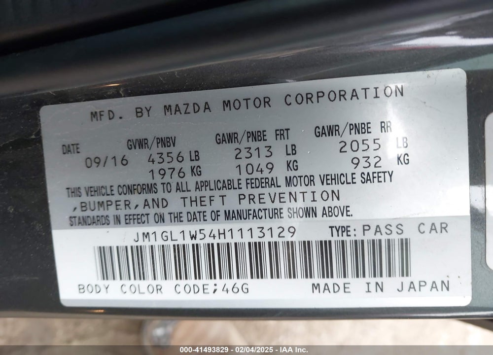 2017 MAZDA MAZDA6 VIN: JM1GL1W54H1113129
