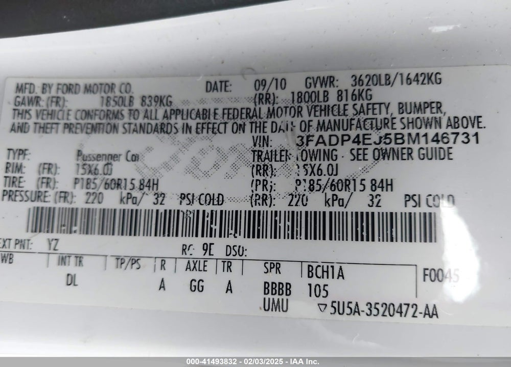 2011 FORD FIESTA VIN: 3FADP4EJ5BM146731