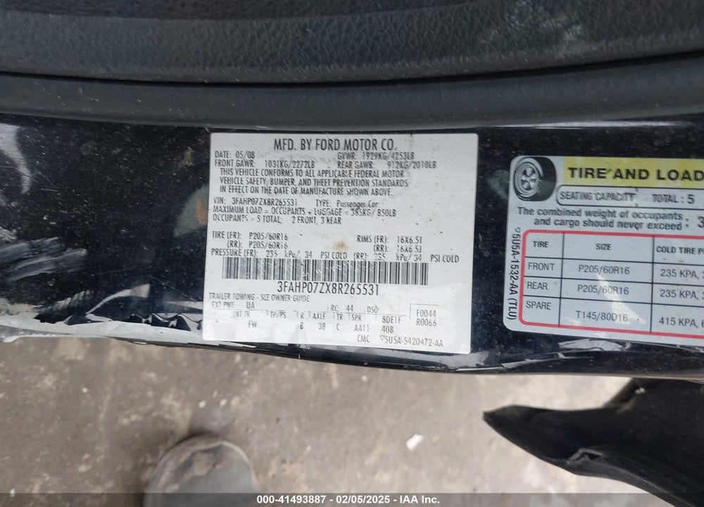 2008 FORD FUSION SE VIN: 3FAHP07ZX8R265531