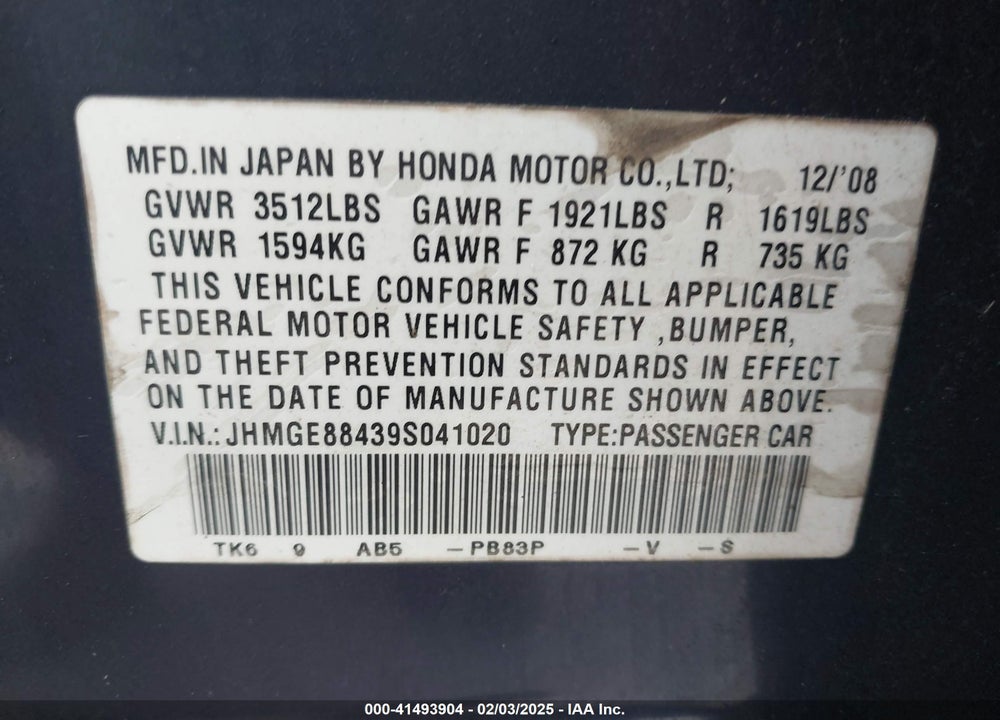 2009 HONDA FIT SPORT VIN: JHMGE88439S041020