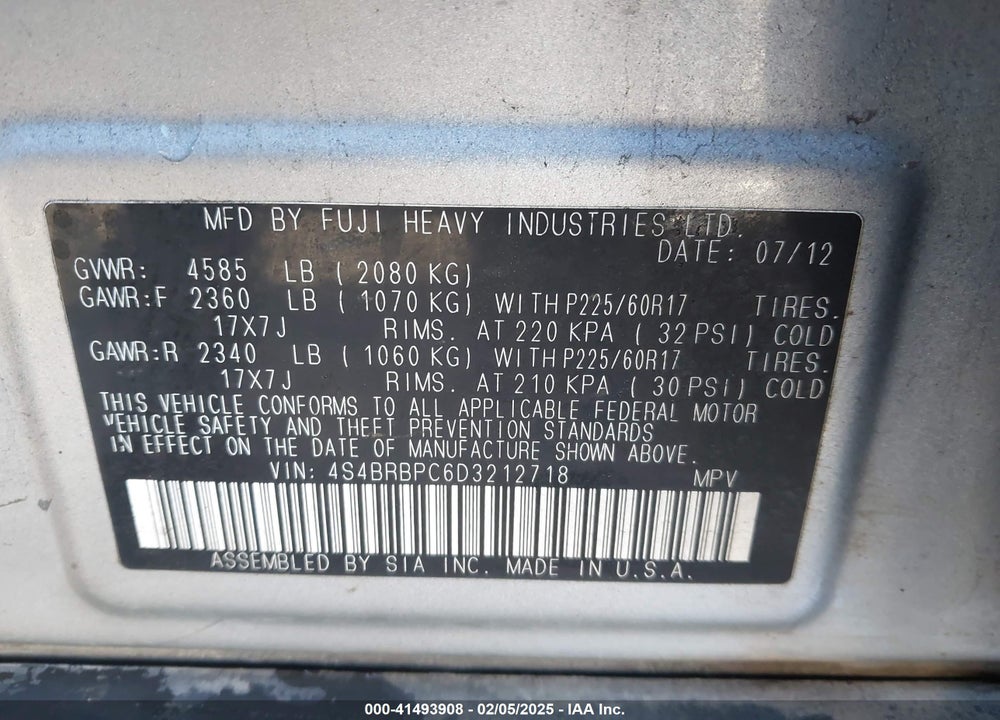 2013 SUBARU OUTBACK 2.5I LIMITED VIN: 4S4BRBPC6D3212718