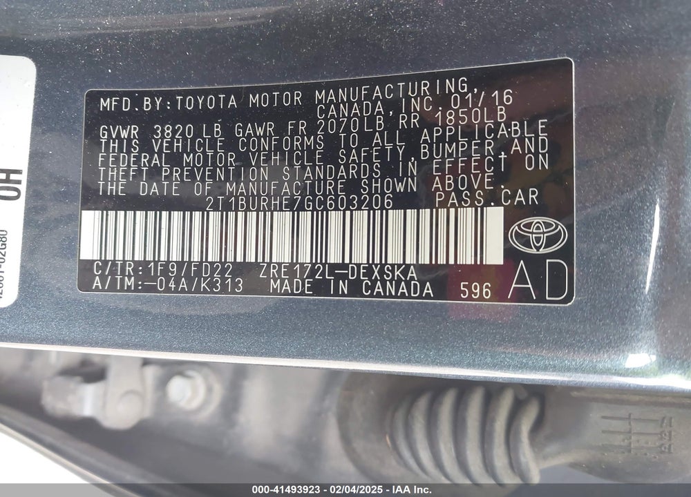 2016 TOYOTA COROLLA VIN: 2T1BURHE7GC603206