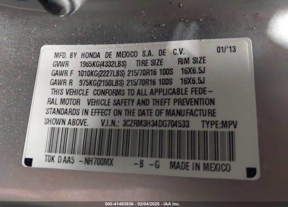 2013 HONDA CR-V LX VIN: 3CZRM3H34DG704533