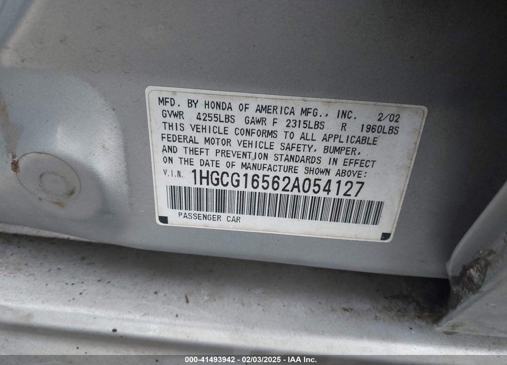 2002 HONDA ACCORD VIN: 1HGCG16562A054127