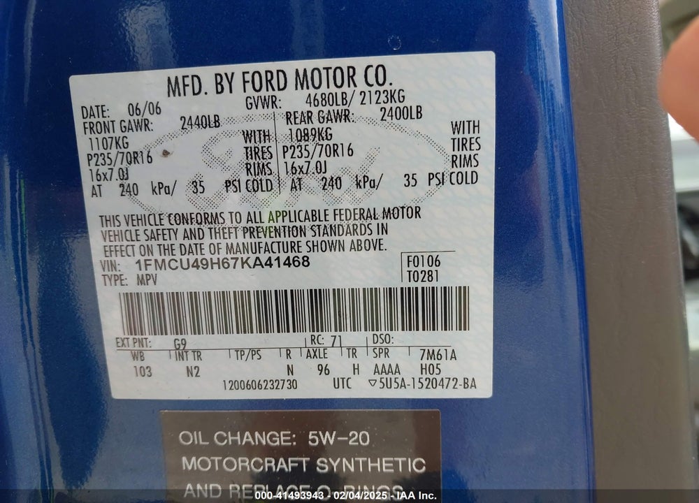 2007 FORD ESCAPE HYBRID VIN: 1FMCU49H67KA41468