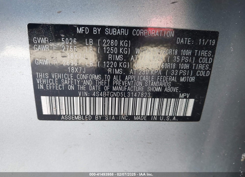 2020 SUBARU OUTBACK LIMITED XT VIN: 4S4BTGND5L3147823