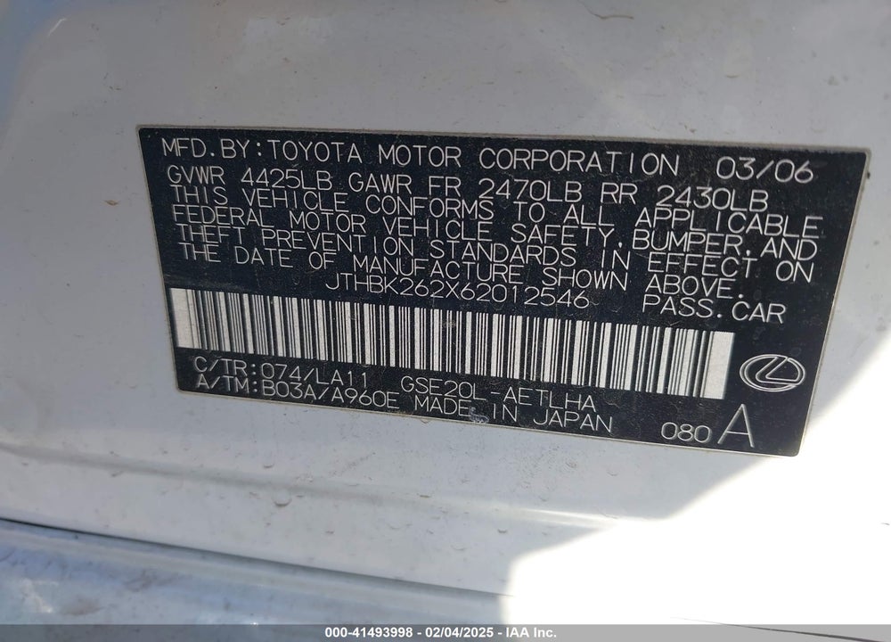 2006 LEXUS IS 250 VIN: JTHBK262X62012546