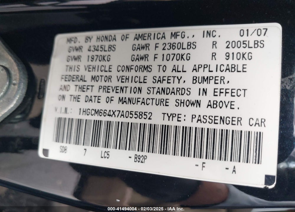 2007 HONDA ACCORD 3.0 SE VIN: 1HGCM664X7A055852
