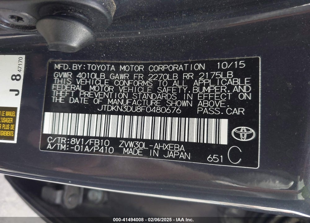 2015 TOYOTA PRIUS VIN: JTDKN3DU8F0480676