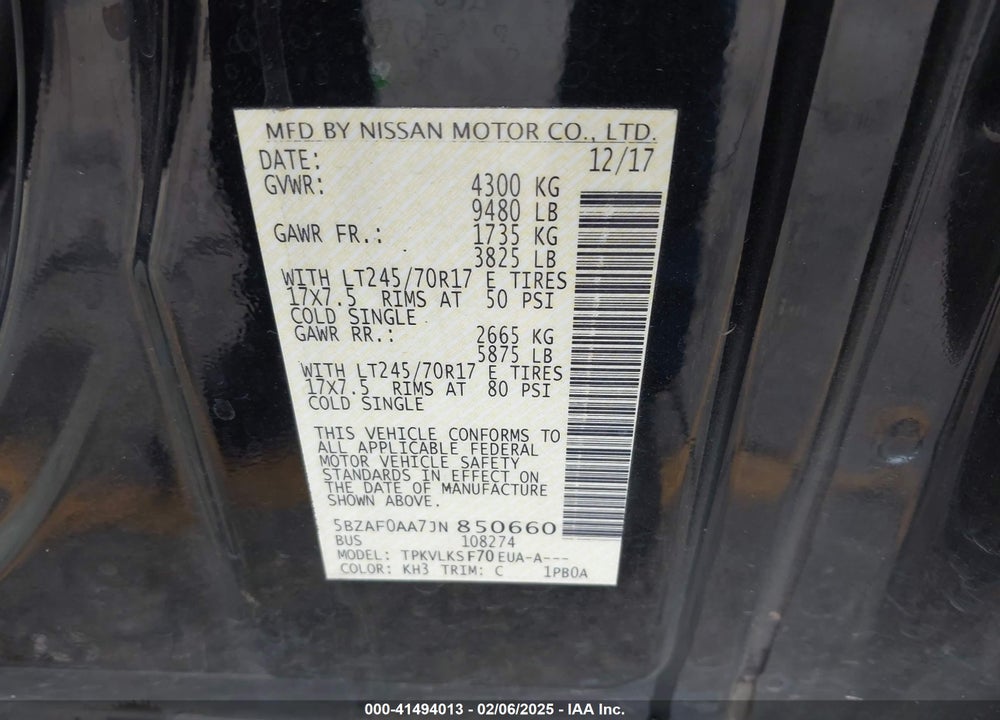 2018 NISSAN NV PASSENGER NV3500 HD SL V8 VIN: 5BZAF0AA7JN850660