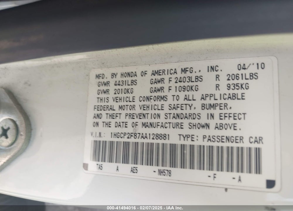 2010 HONDA ACCORD VIN: 1HGCP2F87AA128881