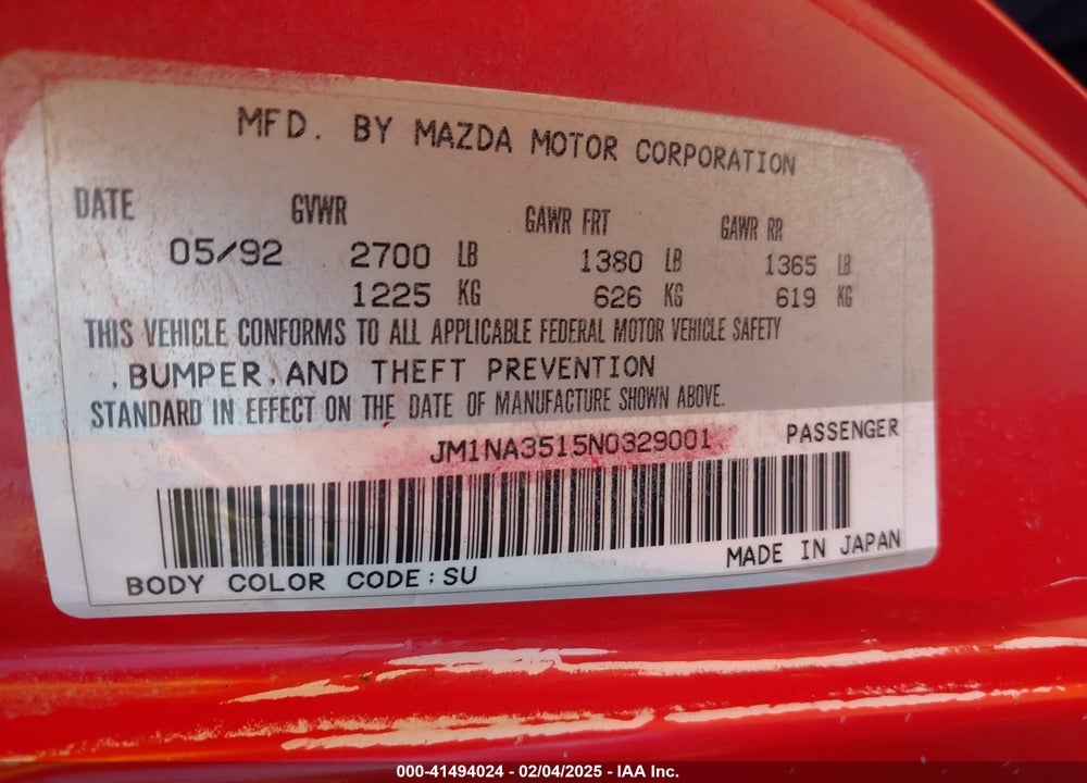 1992 MAZDA MX-5 MIATA VIN: JM1NA3515N0329001