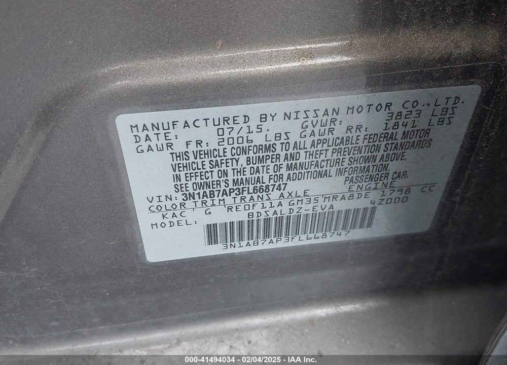 2015 NISSAN SENTRA VIN: 3N1AB7AP3FL668747