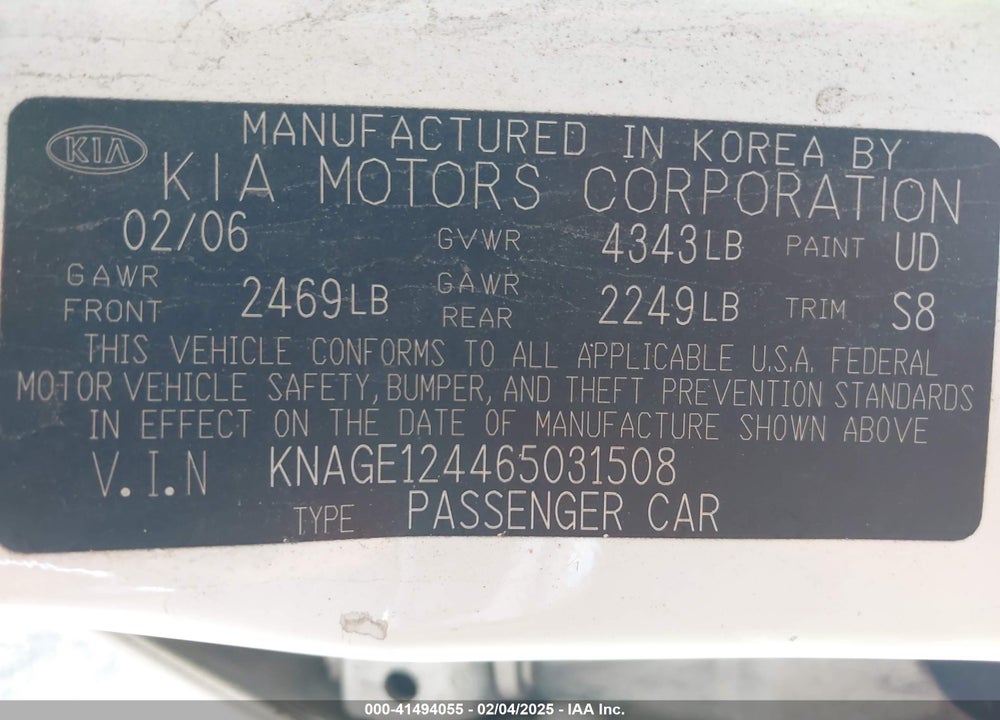 2006 KIA OPTIMA EX V6 (NEW)/LX V6 (NEW) VIN: KNAGE124465031508
