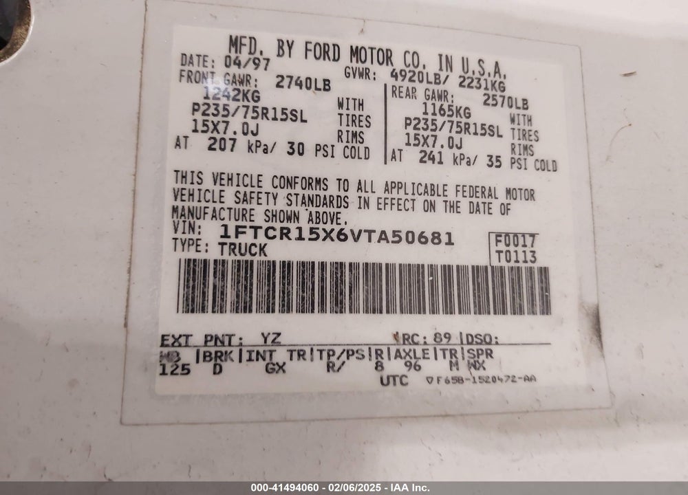 1997 FORD RANGER SPLASH/STX/XLT VIN: 1FTCR15X6VTA50681