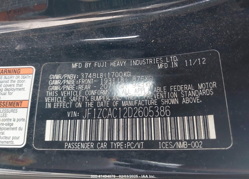 2013 SUBARU BRZ VIN: JF1ZCAC12D2605386