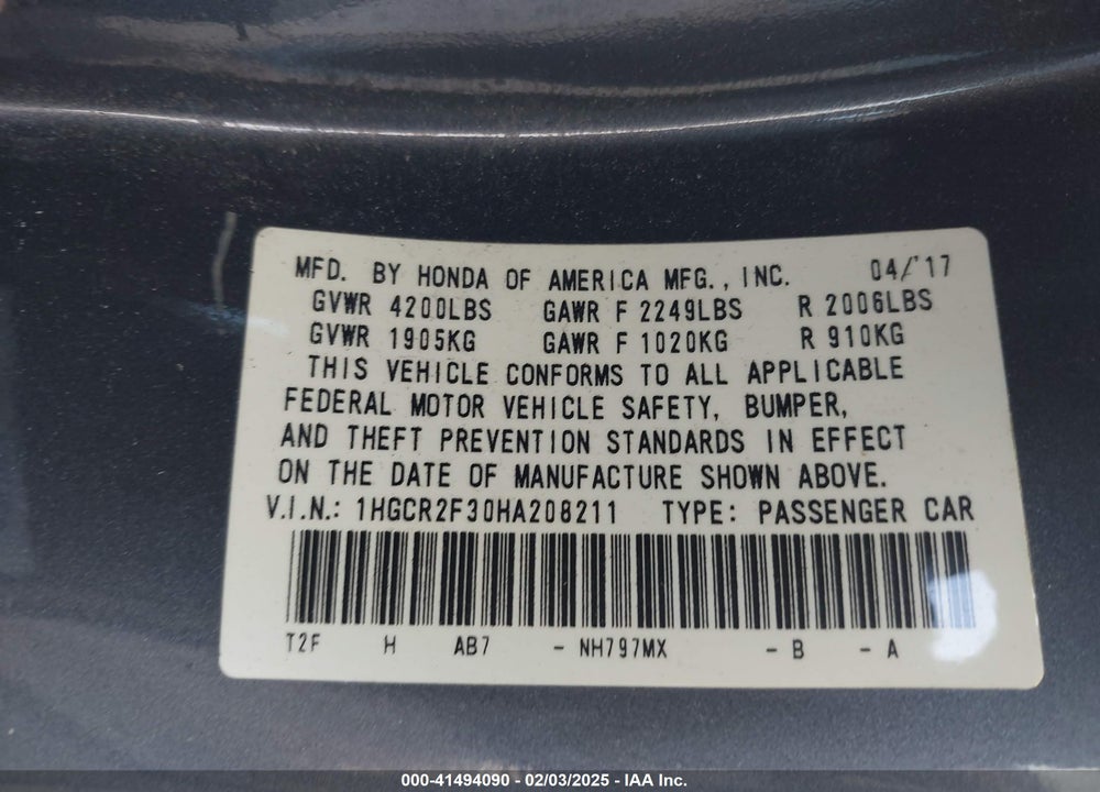 2017 HONDA ACCORD VIN: 1HGCR2F30HA208211