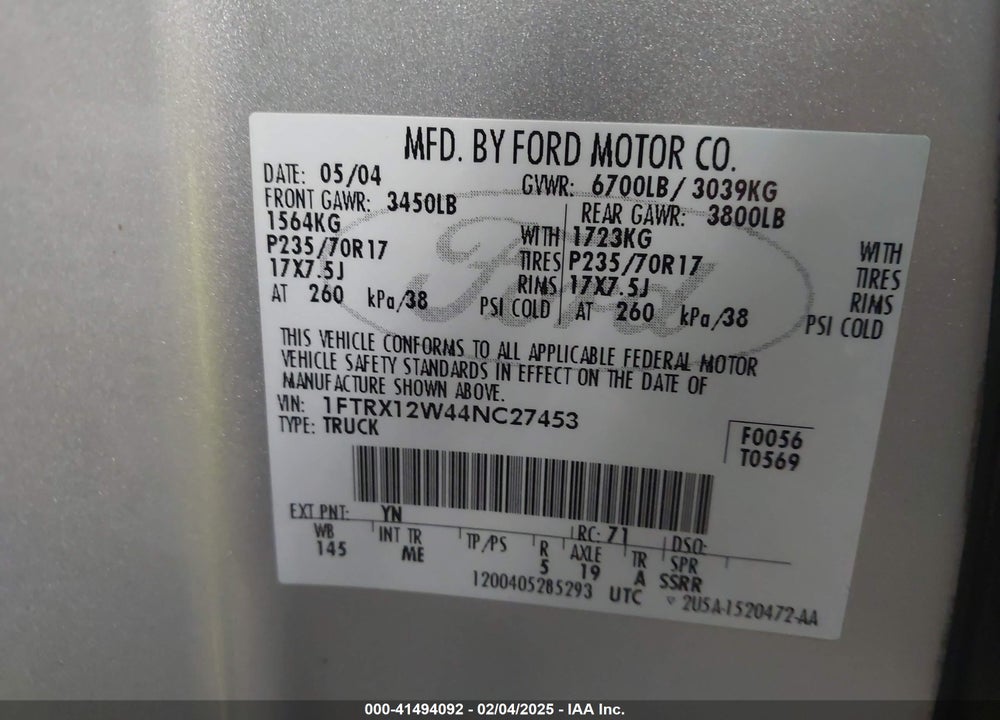 2004 FORD F-150 STX/XL/XLT VIN: 1FTRX12W44NC27453
