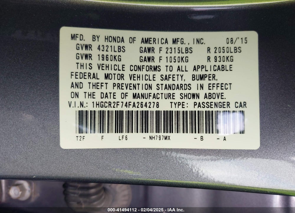 2015 HONDA ACCORD VIN: 1HGCR2F74FA264278