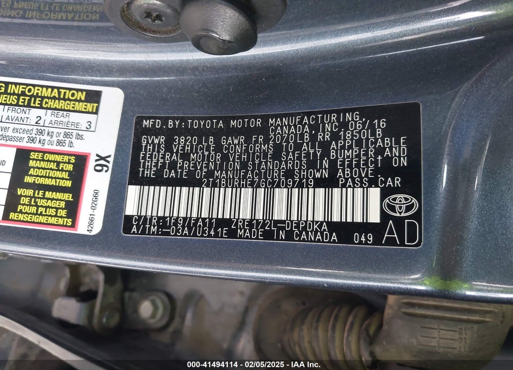 2016 TOYOTA COROLLA VIN: 2T1BURHE7GC709719