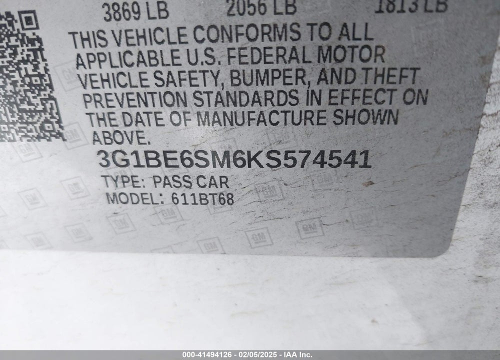 2019 CHEVROLET CRUZE VIN: 3G1BE6SM6KS574541