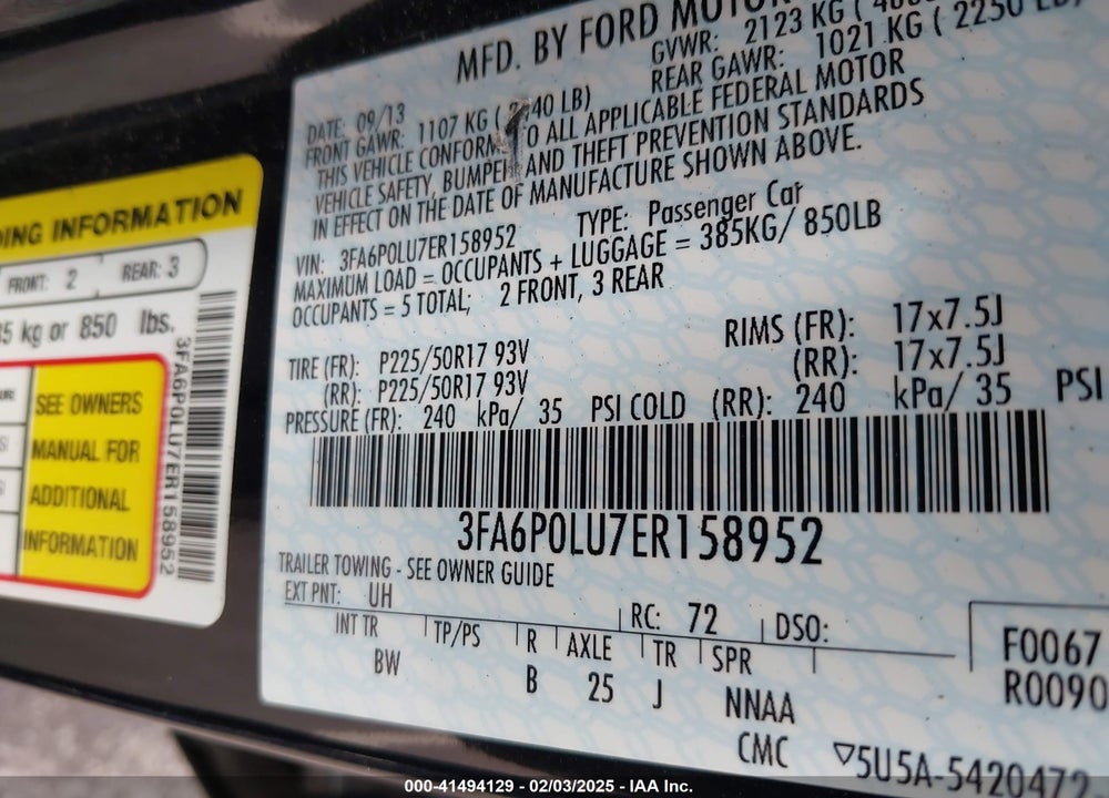 2014 FORD FUSION HYBRID VIN: 3FA6P0LU7ER158952