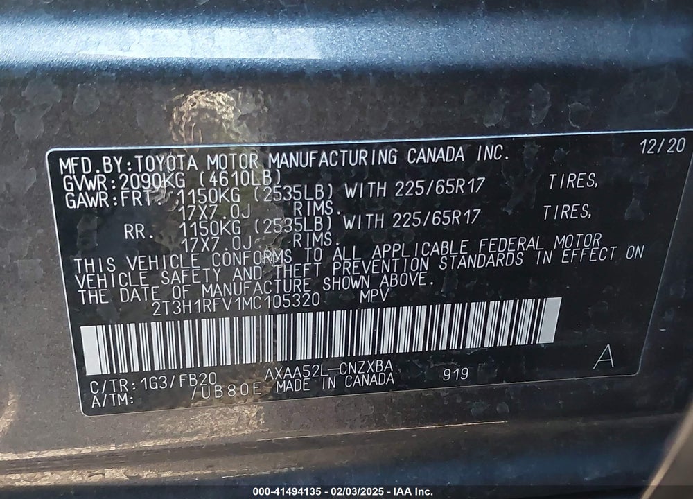 2021 TOYOTA RAV4 LE VIN: 2T3H1RFV1MC105320