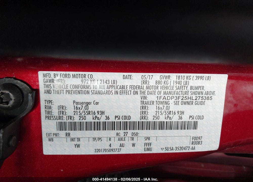 2017 FORD FOCUS VIN: 1FADP3F25HL275385