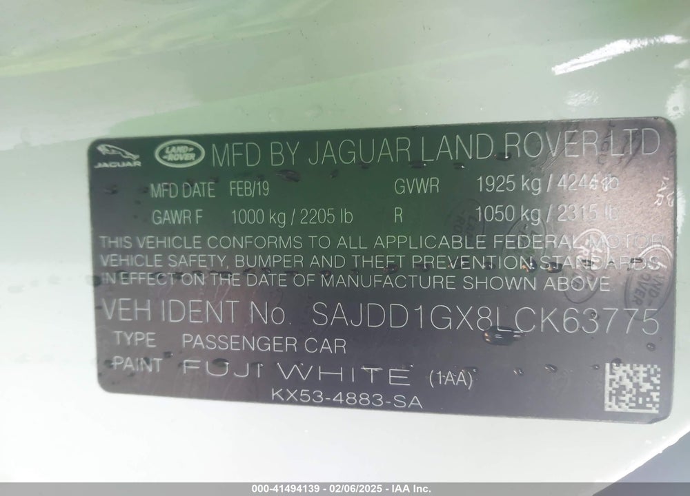 2020 JAGUAR F-TYPE CHECKERED FLAG RWD AUTOMATIC/P300 RWD AUTOMATIC VIN: SAJDD1GX8LCK63775