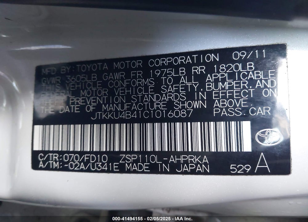 2012 SCION XD VIN: JTKKU4B41C1016087