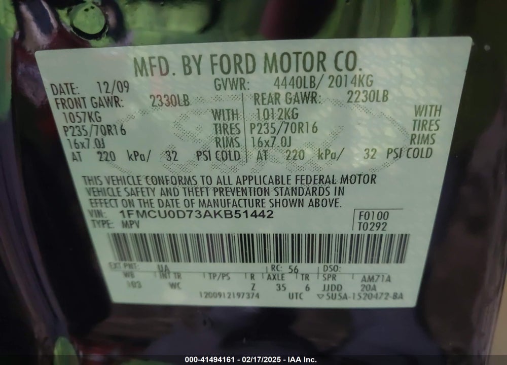 2010 FORD ESCAPE VIN: 1FMCU0D73AKB51442