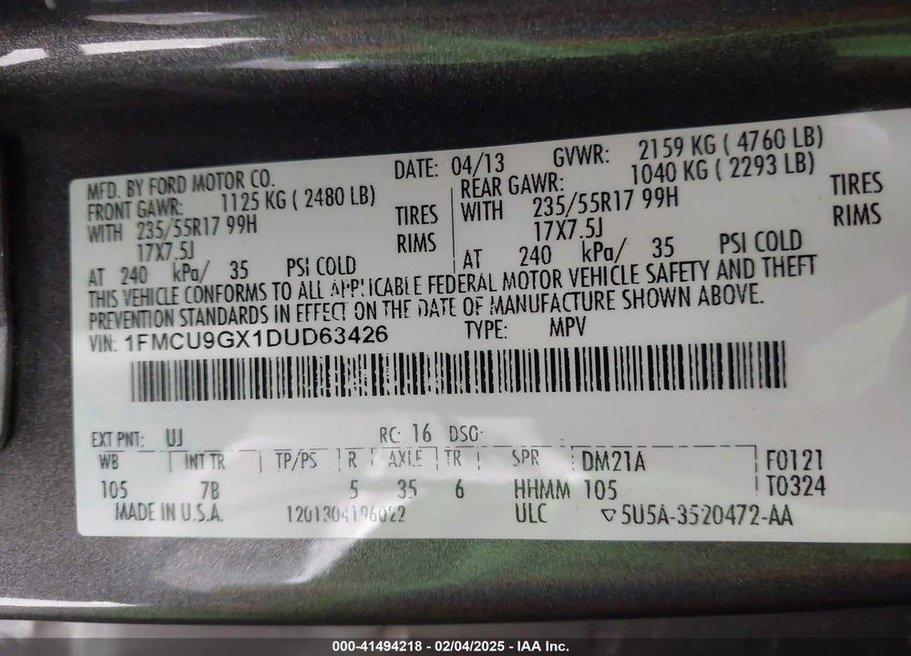 2013 FORD ESCAPE SE VIN: 1FMCU9GX1DUD63426