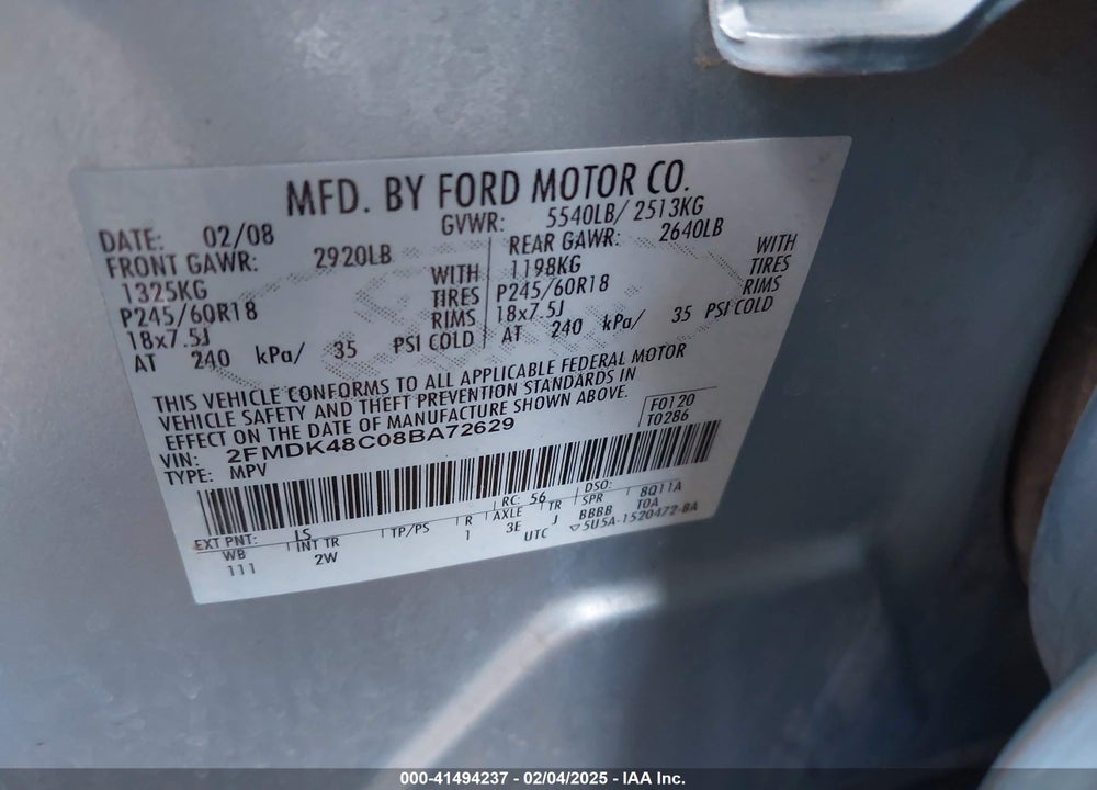2008 FORD EDGE VIN: 2FMDK48C08BA72629
