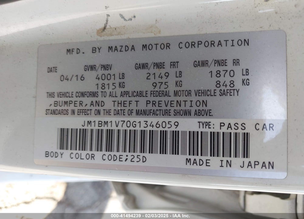2016 MAZDA MAZDA3 VIN: JM1BM1V70G1346059