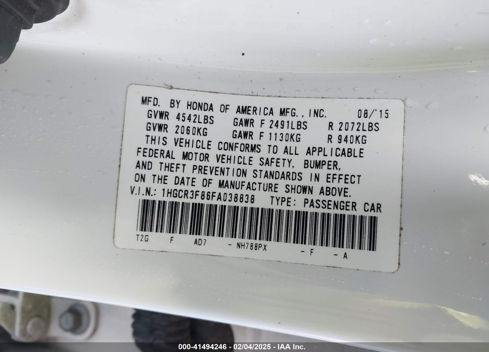 2015 HONDA ACCORD VIN: 1HGCR3F86FA038838