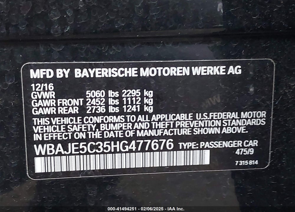 2017 BMW 540I VIN: WBAJE5C35HG477676