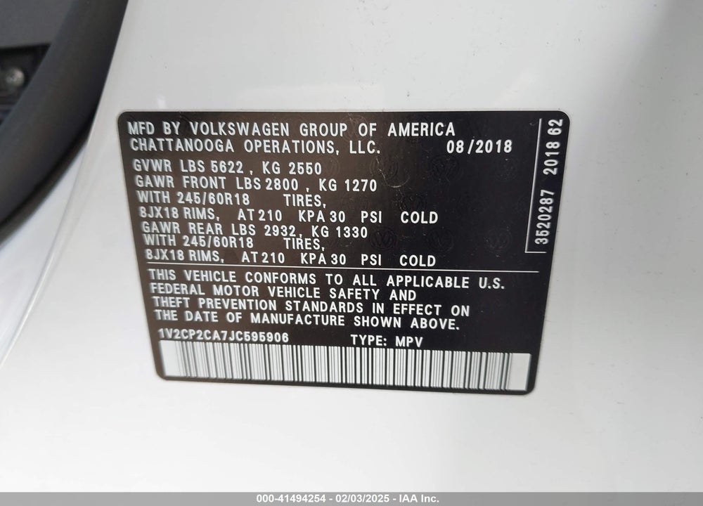 2018 VOLKSWAGEN ATLAS VIN: 1V2CP2CA7JC595906