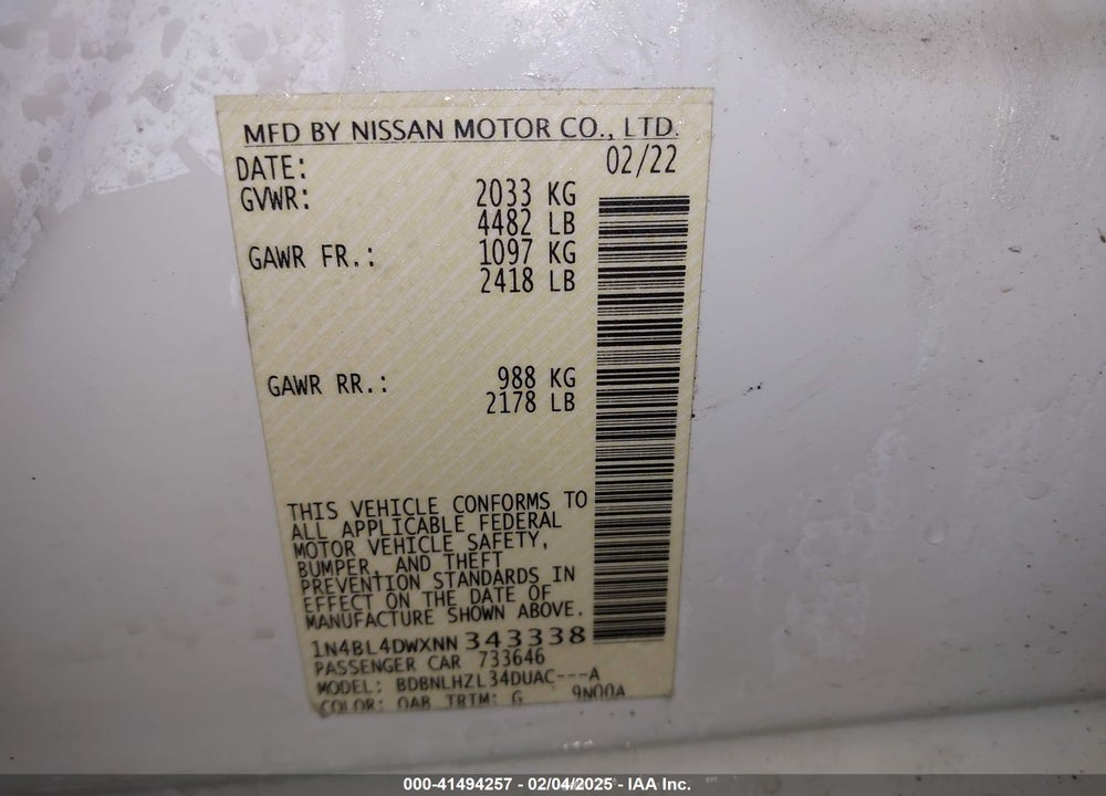 2022 NISSAN ALTIMA VIN: 1N4BL4DWXNN343338