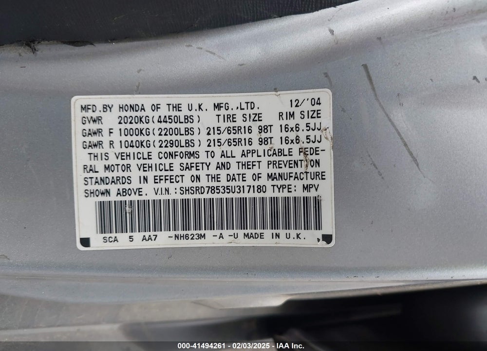 2005 HONDA CR-V LX VIN: SHSRD78535U317180