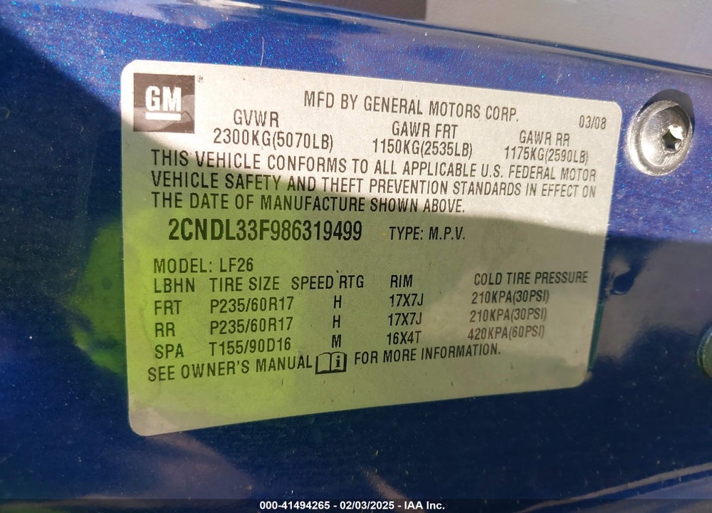 2008 CHEVROLET EQUINOX LT VIN: 2CNDL33F986319499