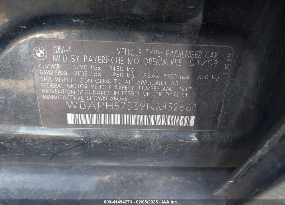 2009 BMW 328I VIN: WBAPH57539NM32861